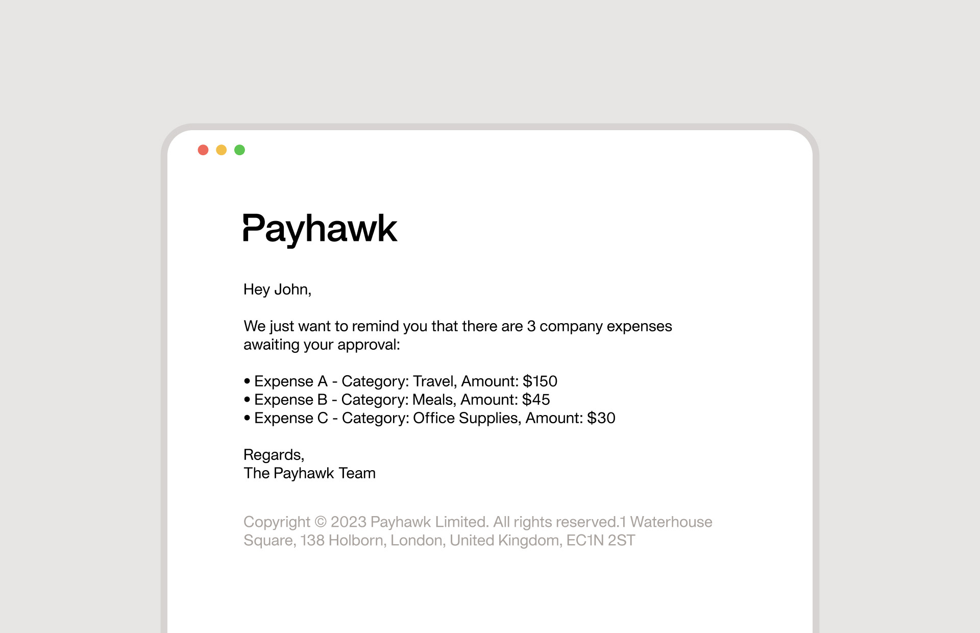 Travel expense reimbursement email example from Payhawk spend management app